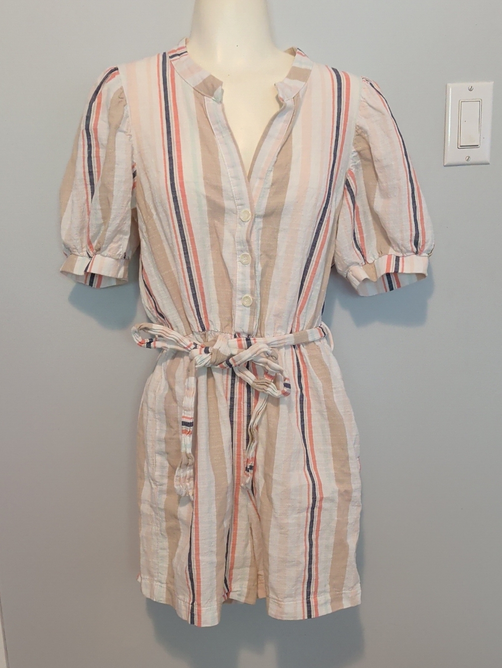 Striped Short Sleeve Tie-Waist Jumpsuit Romper - Beige & Pink